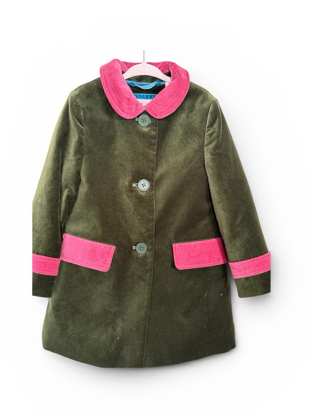 Mini Boden- Girls Velvet Olive Green Jacket with Pink Trim.